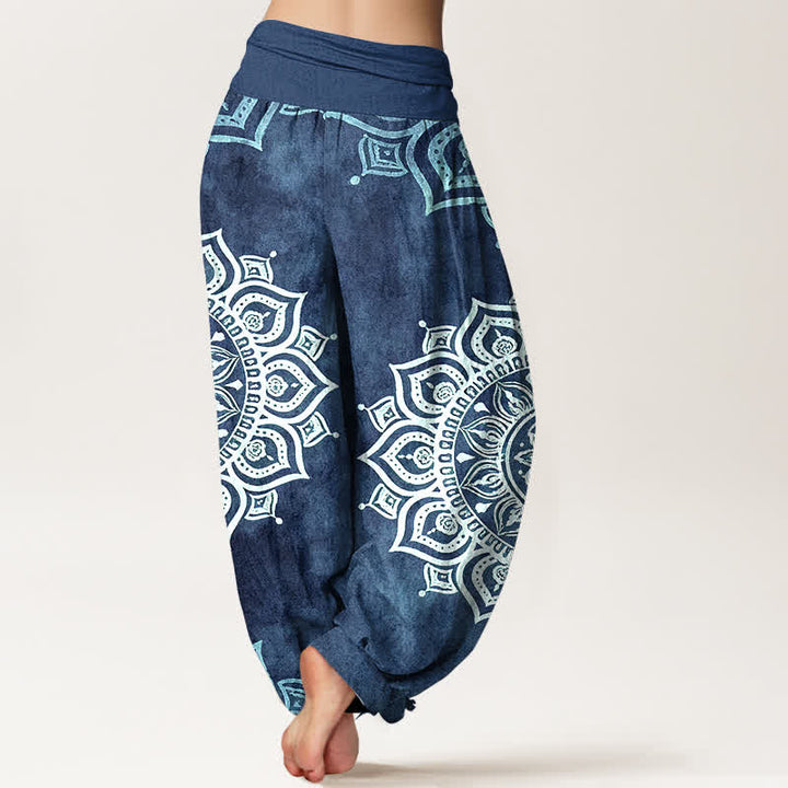 Buddha Stones Pure Cotton White Mandala Floral Pattern Women's Elastic Waist Harem Pants - image 9