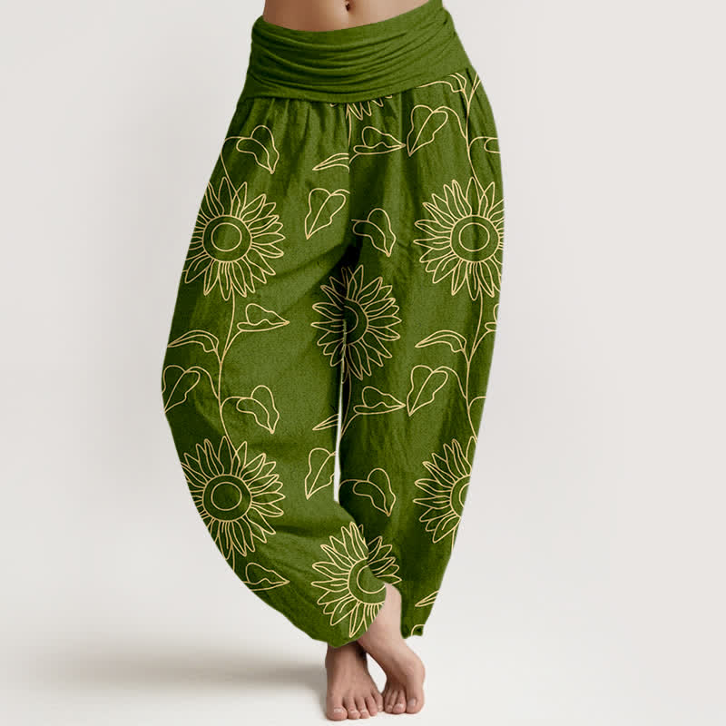 Buddha Stones Cotton Gold Sunflower Line Art Pattern Women's Elastic Waist Harem Pants - OliveDrab - US16，UK/AU20，EU48 (3XL) - image 0