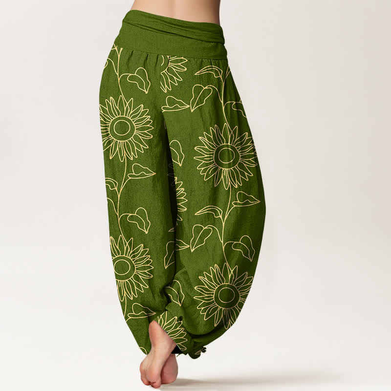 Buddha Stones Cotton Gold Sunflower Line Art Pattern Women's Elastic Waist Harem Pants - image 1