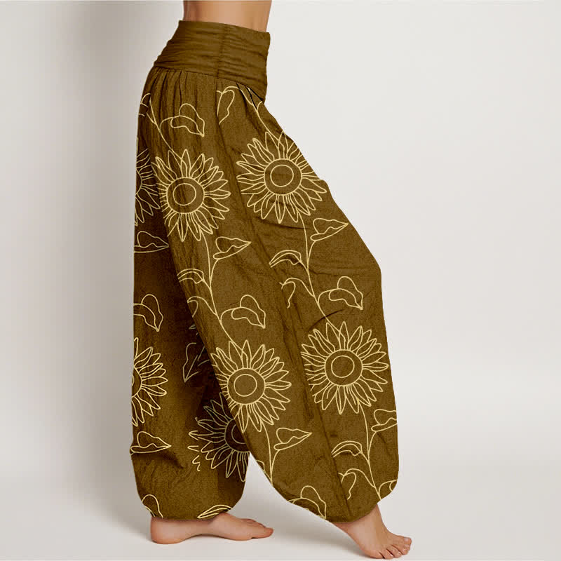 Buddha Stones Cotton Gold Sunflower Line Art Pattern Women's Elastic Waist Harem Pants - image 10