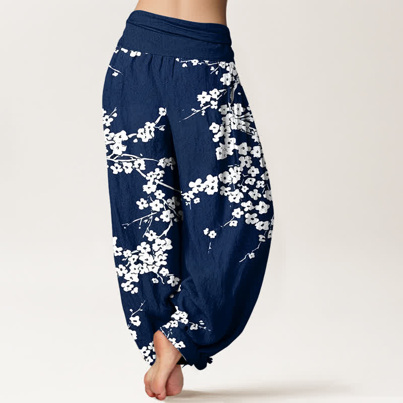 Buddha Stones Pure Cotton White Blossom Branch Pattern Women's Elastic Waist Harem Pants - image 1