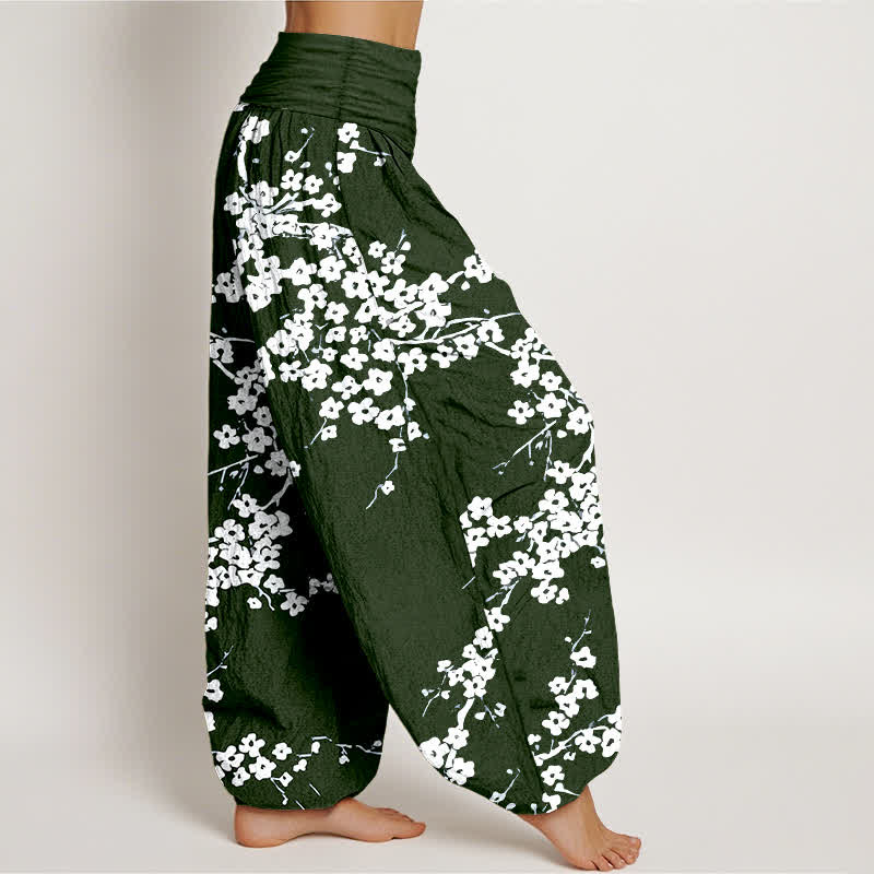 Buddha Stones Pure Cotton White Blossom Branch Pattern Women's Elastic Waist Harem Pants - image 7