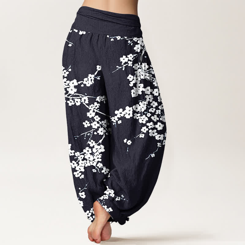 Buddha Stones Pure Cotton White Blossom Branch Pattern Women's Elastic Waist Harem Pants - image 9