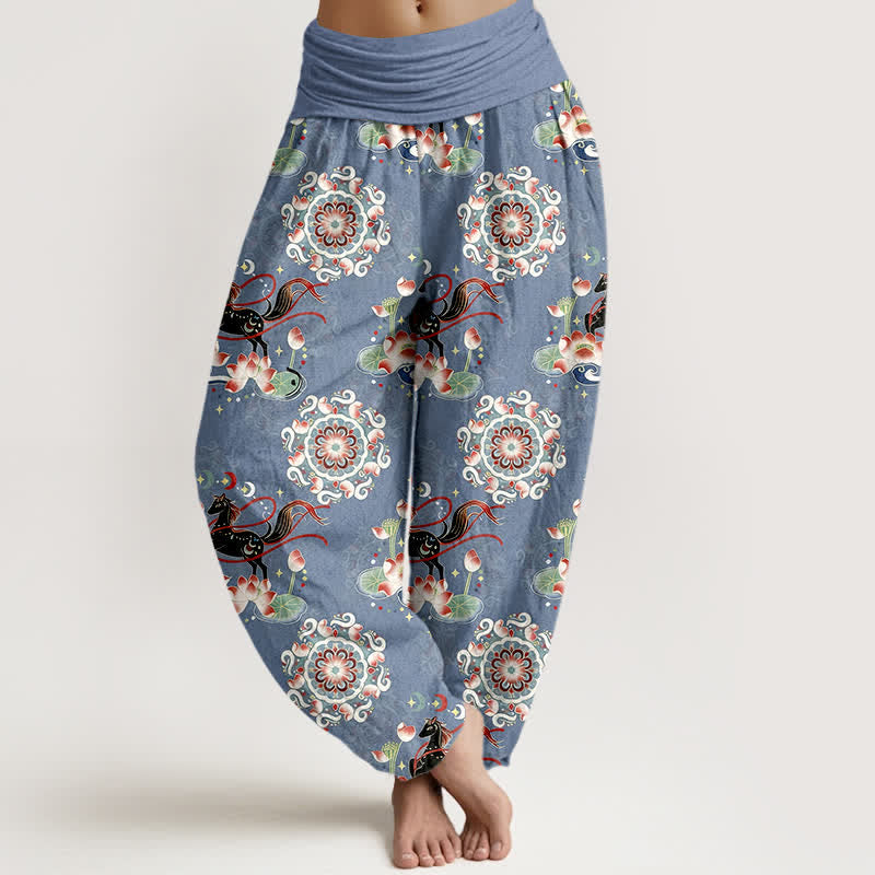 Buddha Stones Pure Cotton Horse, Lotus And Mandala Pattern Women's Elastic Waist Harem Pants - SteelBlue - US16，UK/AU20，EU48 (3XL) - image 0