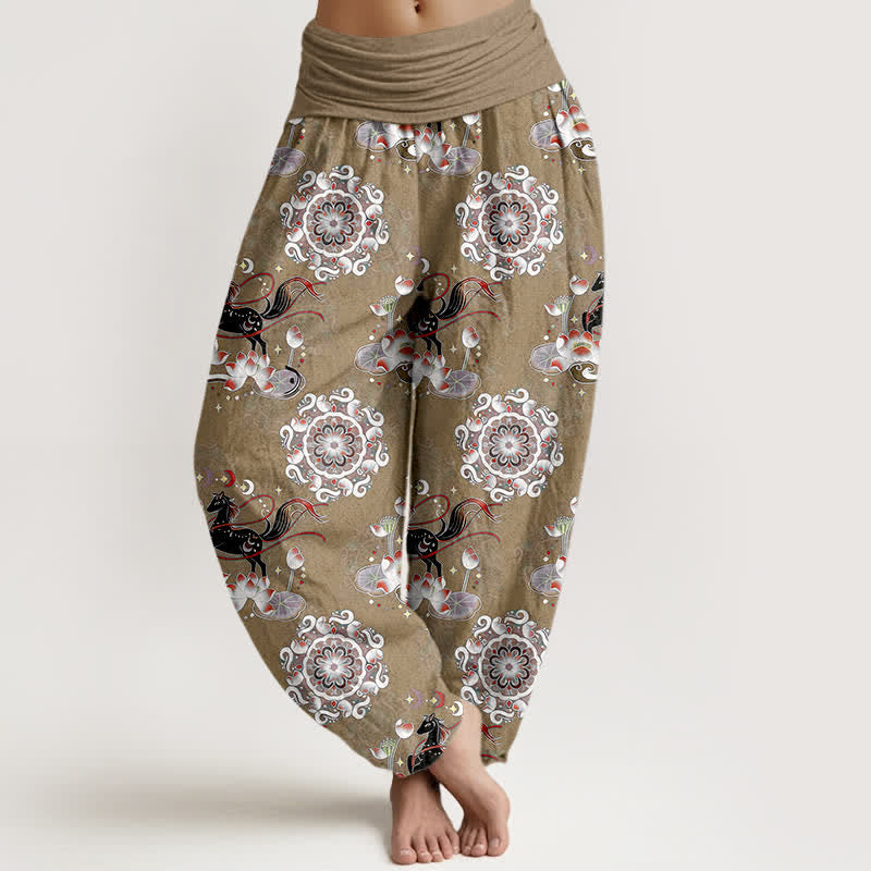 Buddha Stones Pure Cotton Horse, Lotus And Mandala Pattern Women's Elastic Waist Harem Pants - Tan - US16，UK/AU20，EU48 (3XL) - image 8