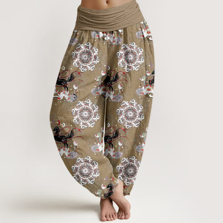 Buddha Stones Pure Cotton Horse, Lotus And Mandala Pattern Women's Elastic Waist Harem Pants - Tan - US16，UK/AU20，EU48 (3XL) - image 8