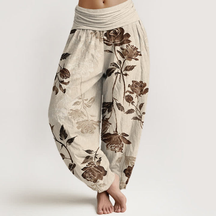 Buddha Stones Cotton Vintage Rose Pattern Women's Elastic Waist Harem Pants - Linen - US16，UK/AU20，EU48 (3XL) - image 0