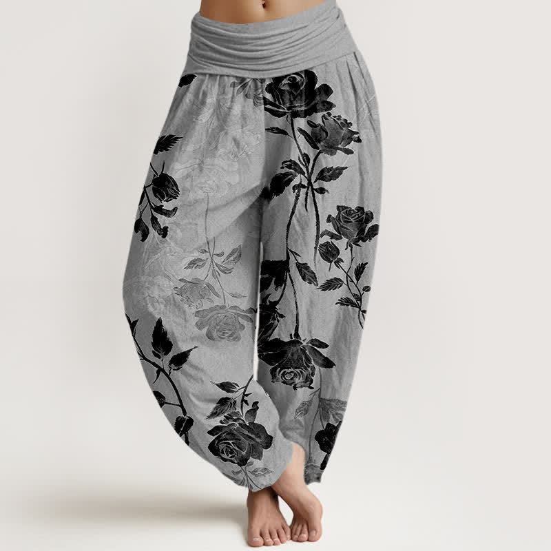 Buddha Stones Cotton Vintage Rose Pattern Women's Elastic Waist Harem Pants - DarkGray - US16，UK/AU20，EU48 (3XL) - image 5