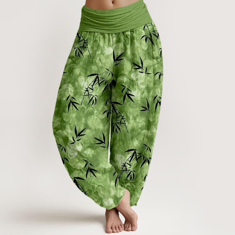 Buddha Stones Pure Cotton Black Bamboo Leaf Pattern Women's Elastic Waist Harem Pants - MediumSeaGreen - US16，UK/AU20，EU48 (3XL) - image 0