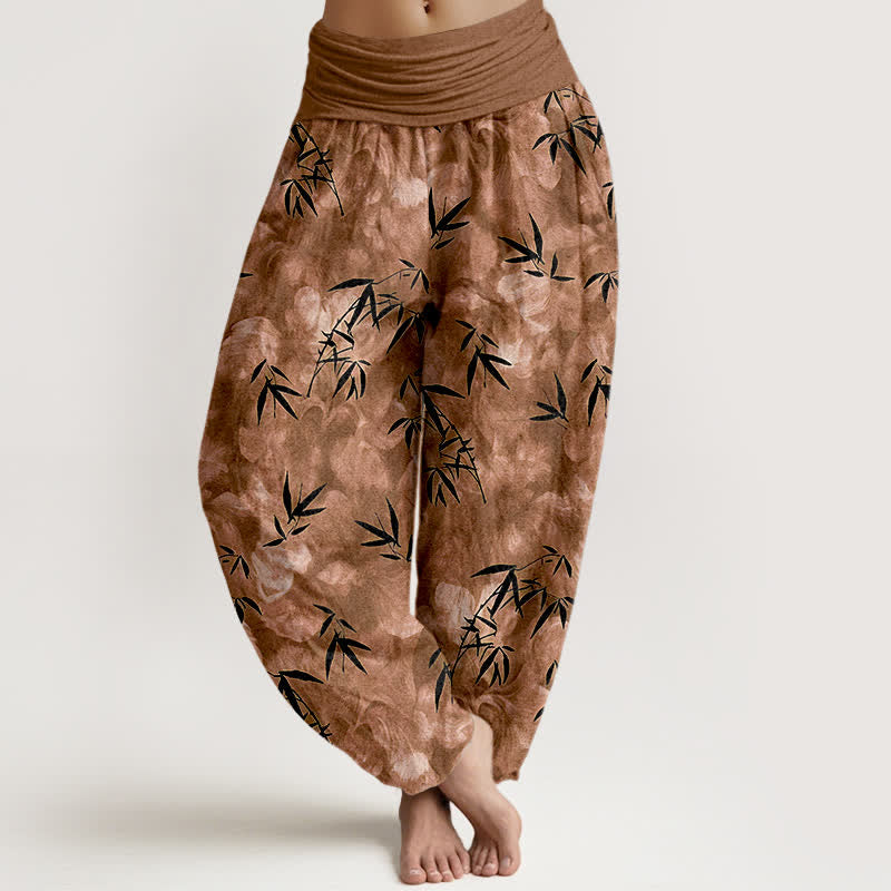 Buddha Stones Pure Cotton Black Bamboo Leaf Pattern Women's Elastic Waist Harem Pants - Peru - US16，UK/AU20，EU48 (3XL) - image 5