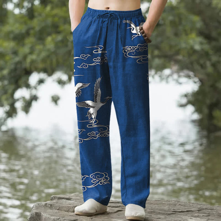 Buddha Stones Cotton White Crane Wave Pattern Men's Tapered Pants With Pockets - RoyalBlue - US/UK/AU50，EU60 (5XL) - image 0