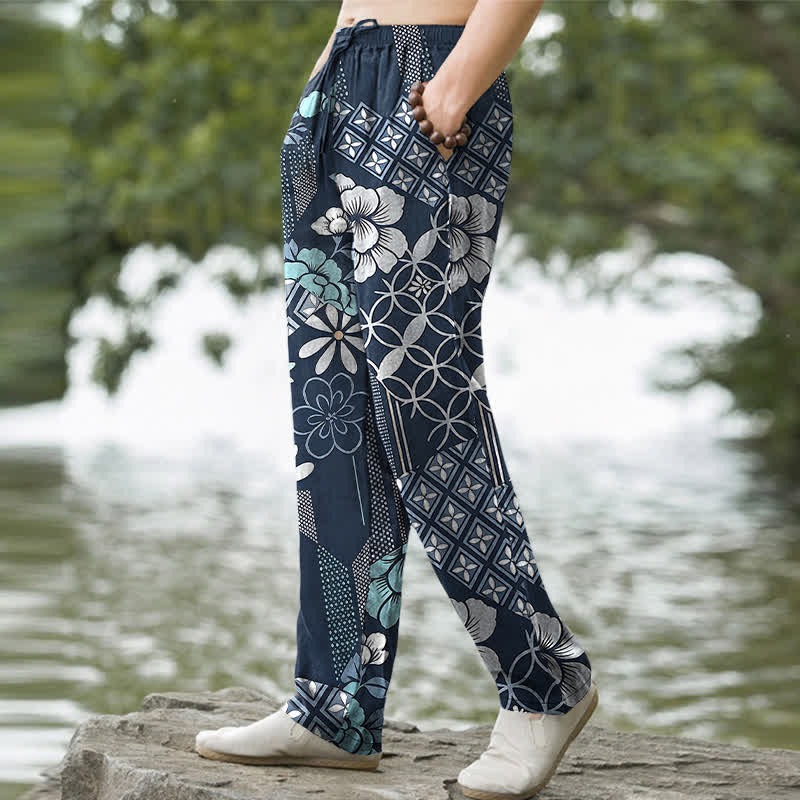 Buddha Stones Cotton Bohemian Floral Geometric Pattern Men's Tapered Pants With Pockets - image 1