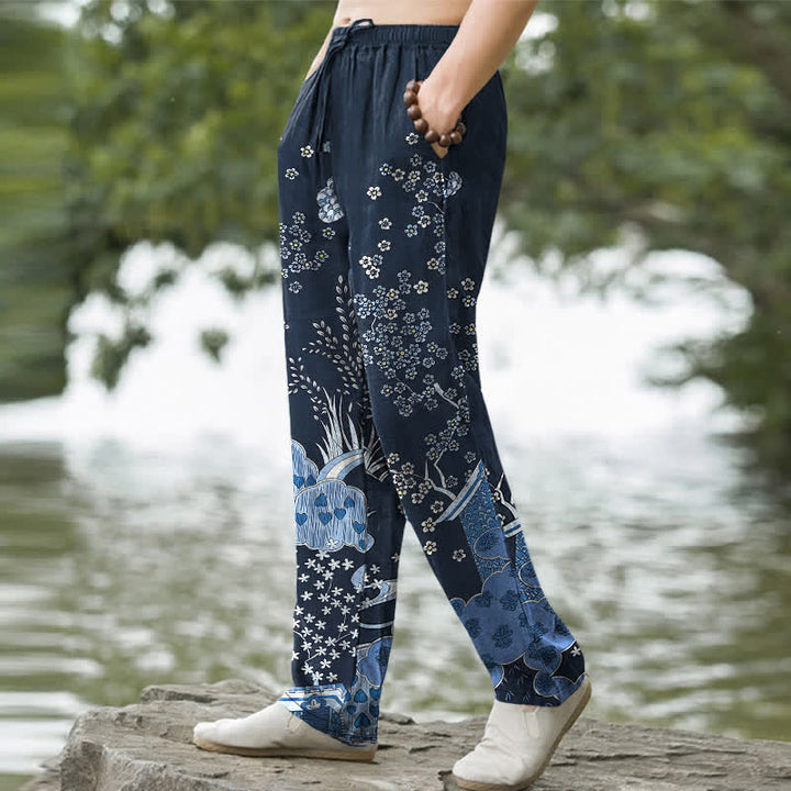 Buddha Stones Cotton White Floral Cloud Pattern Men's Tapered Pants With Pockets - image 1