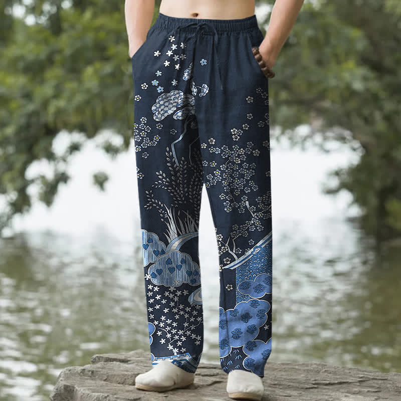 Buddha Stones Cotton White Floral Cloud Pattern Men's Tapered Pants With Pockets - Navy - US/UK/AU50，EU60 (5XL) - image 0