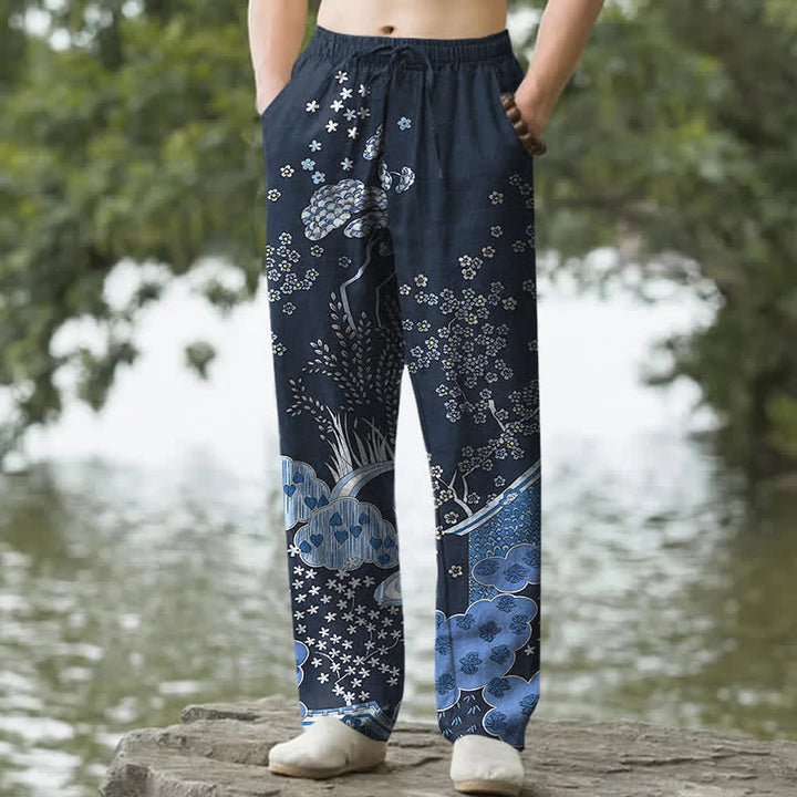 Buddha Stones Cotton White Floral Cloud Pattern Men's Tapered Pants With Pockets - Navy - US/UK/AU50，EU60 (5XL) - image 0