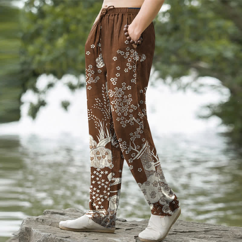 Buddha Stones Cotton White Floral Cloud Pattern Men's Tapered Pants With Pockets - image 5