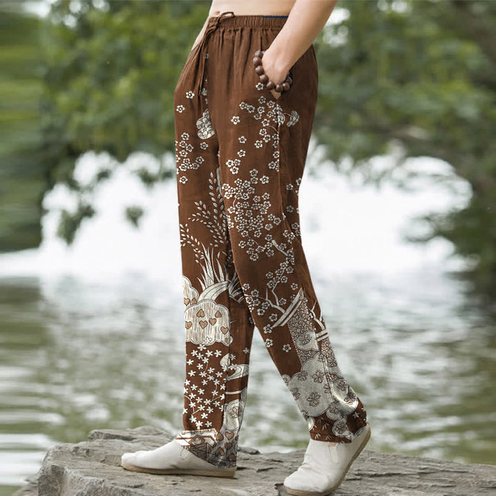 Buddha Stones Cotton White Floral Cloud Pattern Men's Tapered Pants With Pockets - image 5