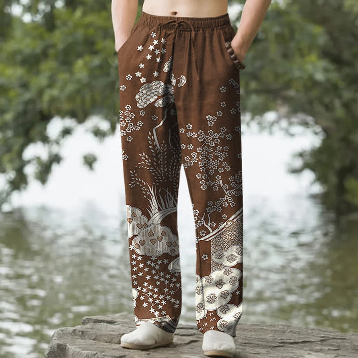 Buddha Stones Cotton White Floral Cloud Pattern Men's Tapered Pants With Pockets - SaddleBrown - US/UK/AU50，EU60 (5XL) - image 4