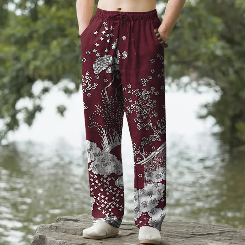 Buddha Stones Cotton White Floral Cloud Pattern Men's Tapered Pants With Pockets - Maroon - US/UK/AU50，EU60 (5XL) - image 6