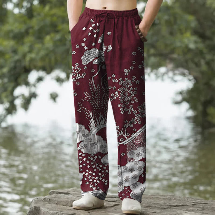 Buddha Stones Cotton White Floral Cloud Pattern Men's Tapered Pants With Pockets - Maroon - US/UK/AU50，EU60 (5XL) - image 6