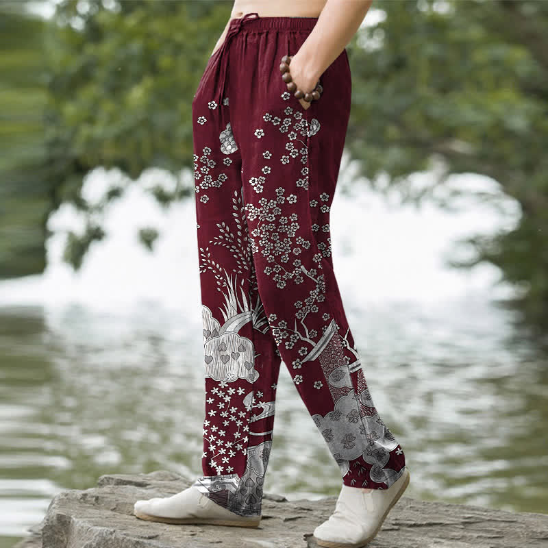 Buddha Stones Cotton White Floral Cloud Pattern Men's Tapered Pants With Pockets - image 7