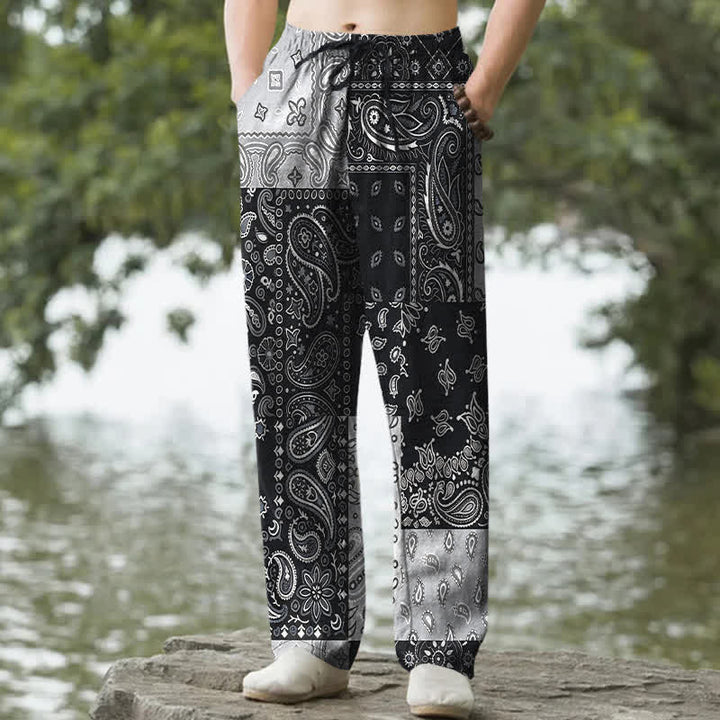 Buddha Stones Cotton Various Paisley Pattern Men's Tapered Pants With Pockets - Black - US/UK/AU50，EU60 (5XL) - image 0