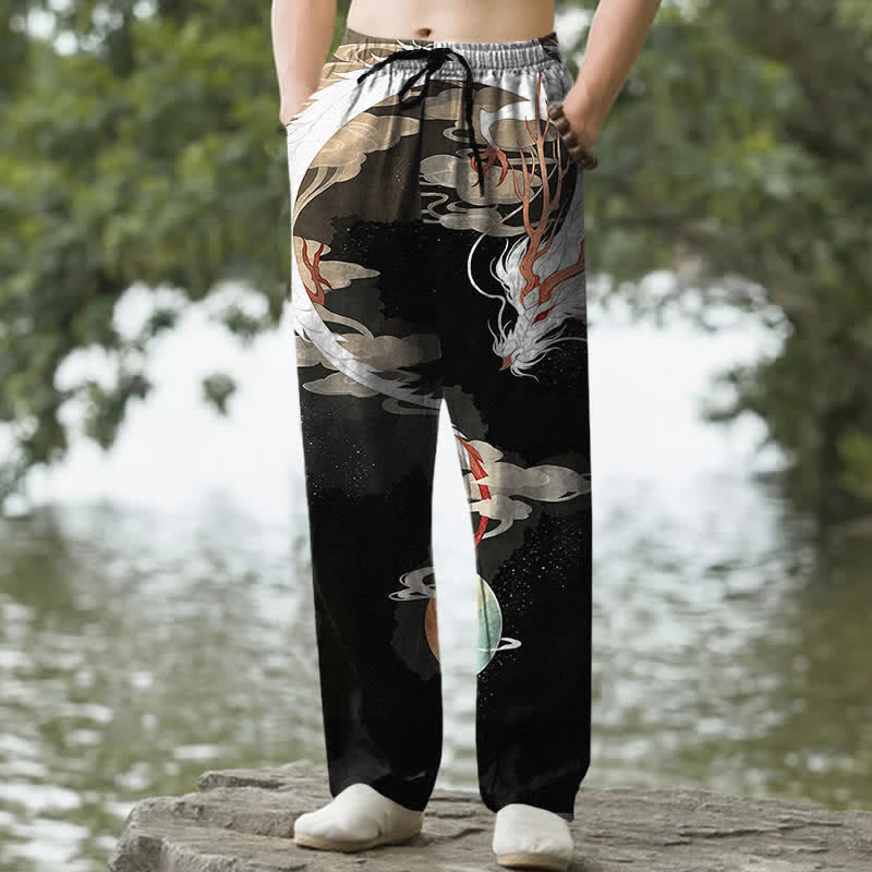 Buddha Stones Cotton White Dragon Cloud Pattern Men's Tapered Pants With Pockets - Black - US/UK/AU50，EU60 (5XL) - image 4