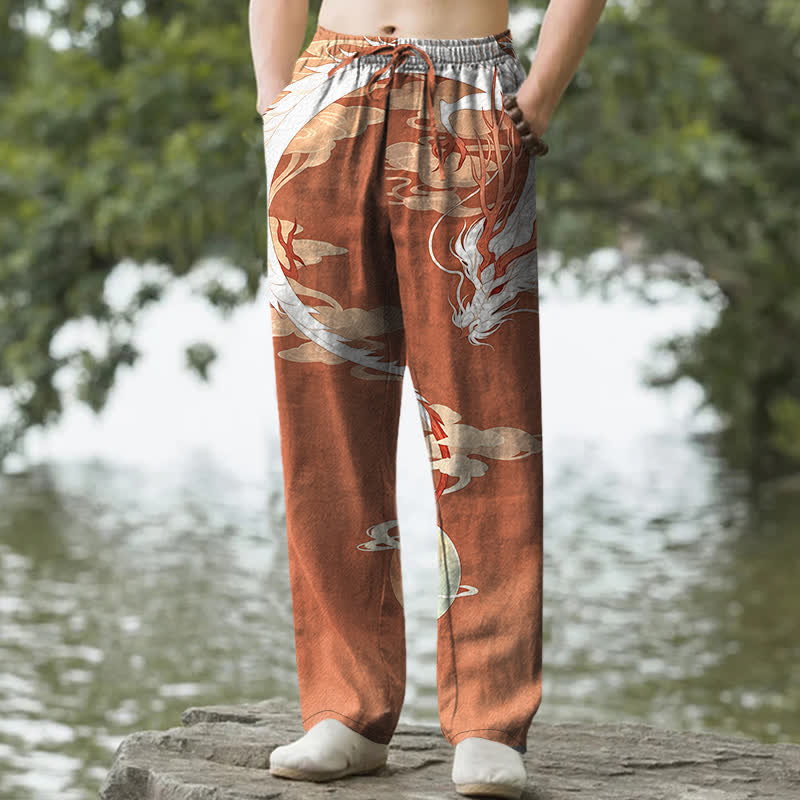 Buddha Stones Cotton White Dragon Cloud Pattern Men's Tapered Pants With Pockets - Sienna - US/UK/AU50，EU60 (5XL) - image 6