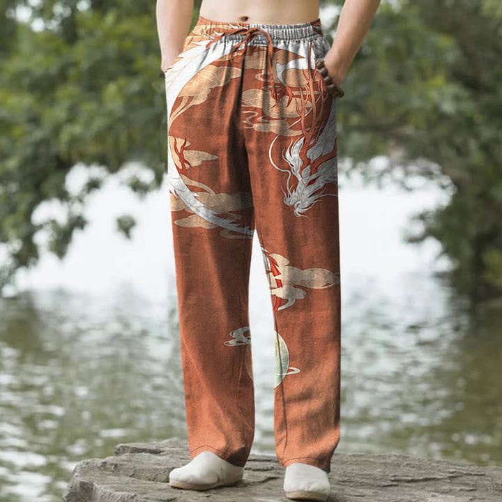 Buddha Stones Cotton White Dragon Cloud Pattern Men's Tapered Pants With Pockets - Sienna - US/UK/AU50，EU60 (5XL) - image 6