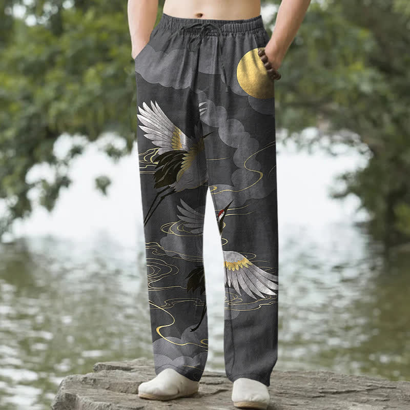 Buddha Stones Cotton White Crane Chasing The Sun Pattern Men's Tapered Pants With Pockets - DimGray - US/UK/AU50，EU60 (5XL) - image 0