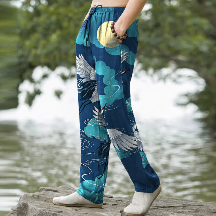 Buddha Stones Cotton White Crane Chasing The Sun Pattern Men's Tapered Pants With Pockets - image 5