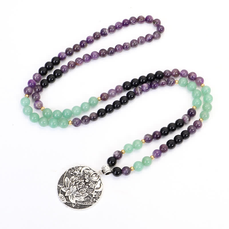 Buddha Stones 108 Mala Beads Amethyst Green Aventurine Lotus Meditation Bracelet - image 4