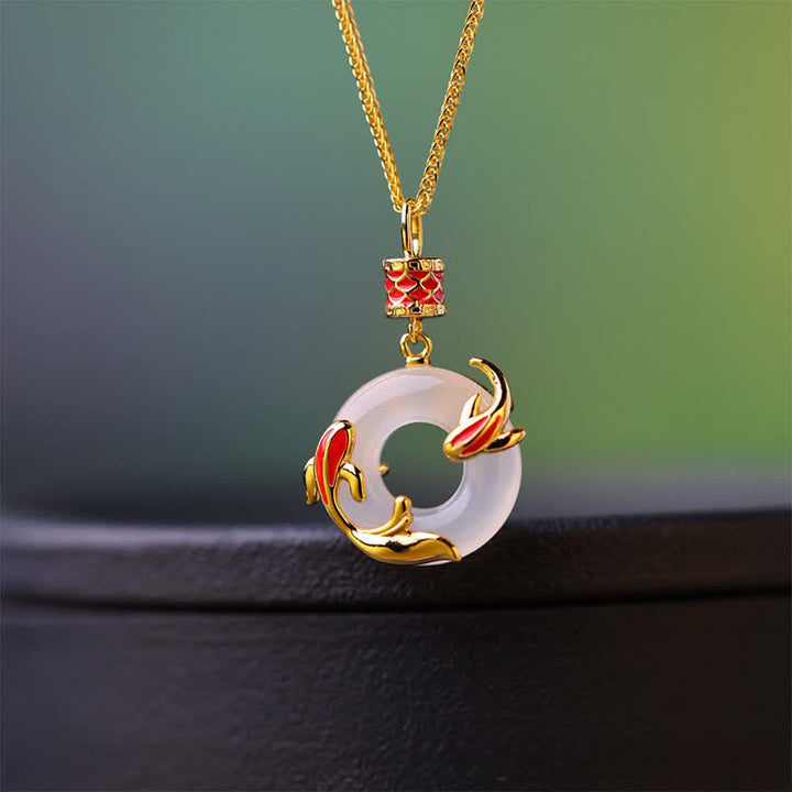 Buddha Stones White Chalcedony Koi Fish Success Peace Buckle Round Necklace - White Chalcedony(Harmony♥Positive) - image 0