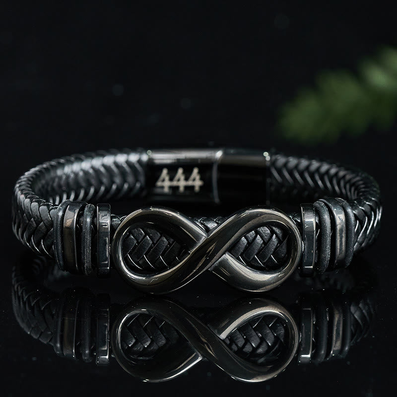 Buddha Stones Infinity Design 444 Angel Number 888 Angel Number Titanium Steel Leather Strengthen Bracelet - 444 Angel Number(Wrist Circumference 16-18cm) - image 0