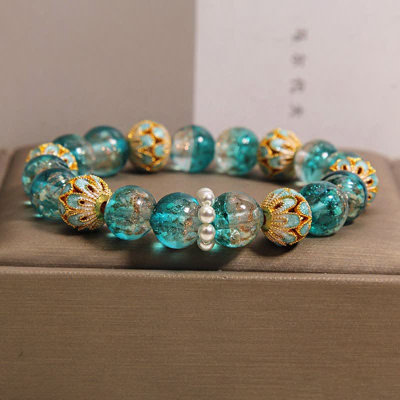 Buddha Stones Liuli Glass Bead Gold Leaf Cloisonné Purity New Chinese Round Bracelet - Blue - Glass (Clarity♥Focus) - image 4