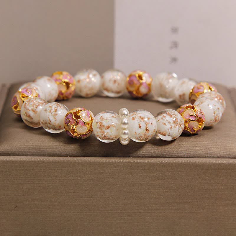 Buddha Stones Liuli Glass Bead Gold Leaf Cloisonné Purity New Chinese Round Bracelet - White - Glass (Clarity♥Focus) - image 2