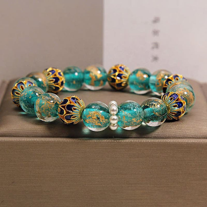 Buddha Stones Liuli Glass Bead Gold Leaf Cloisonné Purity New Chinese Round Bracelet - Peacock Blue - Glass (Clarity♥Focus) - image 0