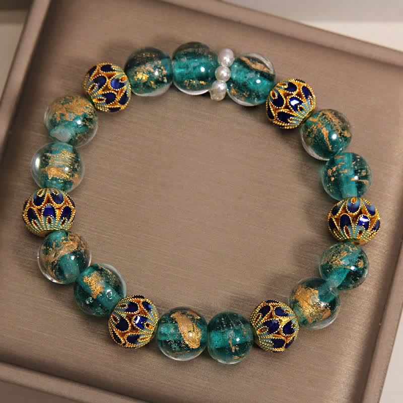 Buddha Stones Liuli Glass Bead Gold Leaf Cloisonné Purity New Chinese Round Bracelet - image 9