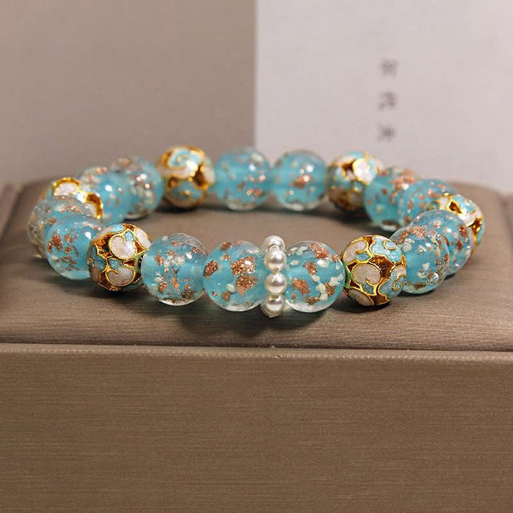 Buddha Stones Liuli Glass Bead Gold Leaf Cloisonné Purity New Chinese Round Bracelet - Lake Blue - Glass (Clarity♥Focus) - image 3