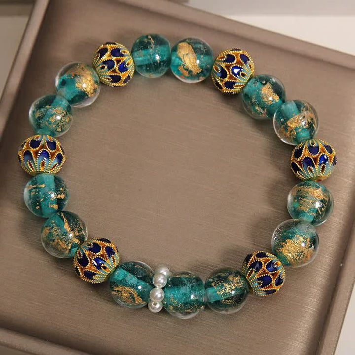 Buddha Stones Liuli Glass Bead Gold Leaf Cloisonné Purity New Chinese Round Bracelet - image 8