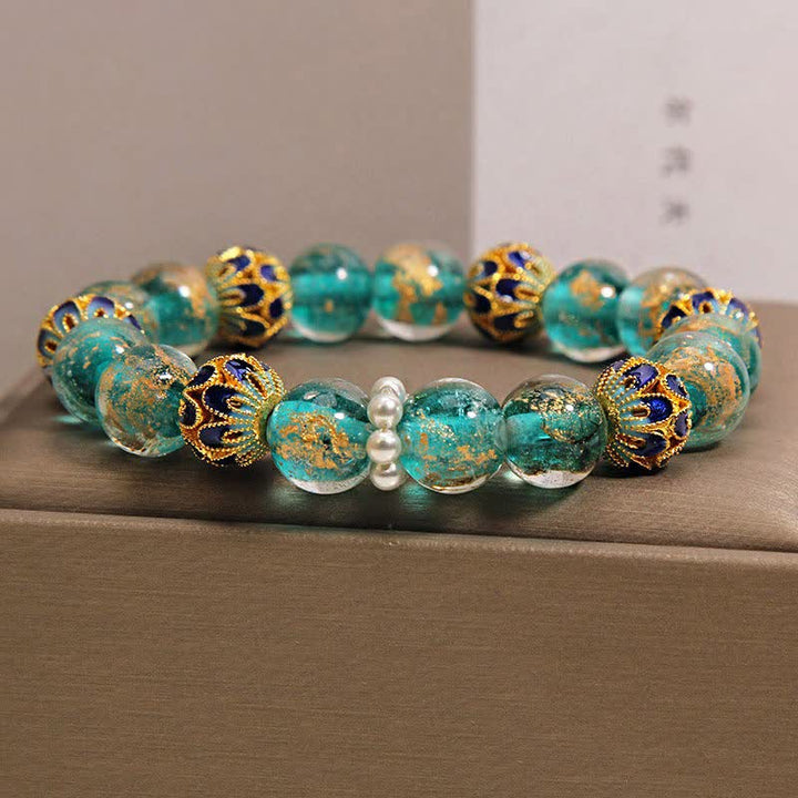 Buddha Stones Liuli Glass Bead Gold Leaf Cloisonné Purity New Chinese Round Bracelet - image 7