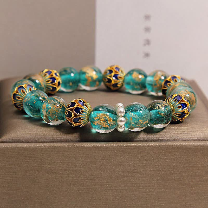 Buddha Stones Liuli Glass Bead Gold Leaf Cloisonné Purity New Chinese Round Bracelet - image 6