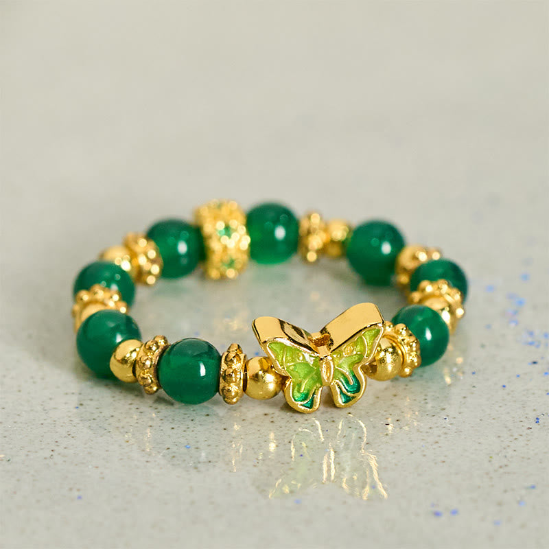 Buddha Stones Natural Green Agate Bead Copper Butterfly Renewal Ring - image 1