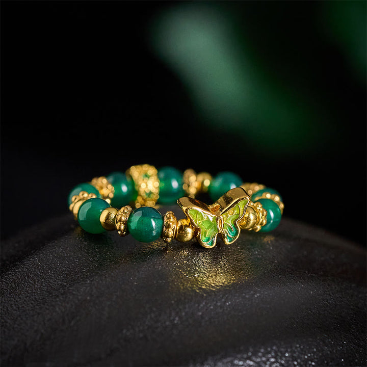 Buddha Stones Natural Green Agate Bead Copper Butterfly Renewal Ring - image 3