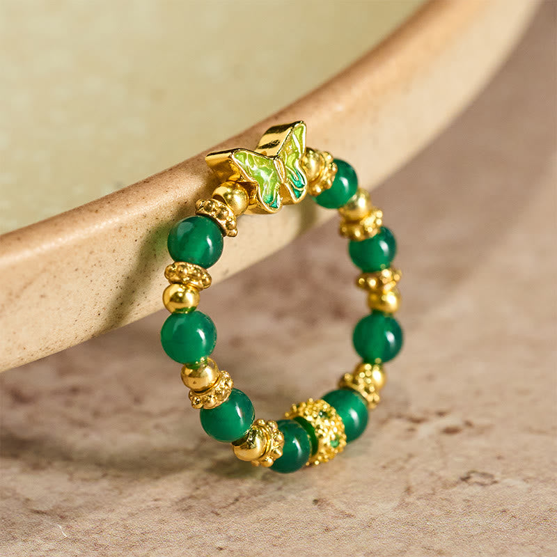 Buddha Stones Natural Green Agate Bead Copper Butterfly Renewal Ring - Green Agate - image 0