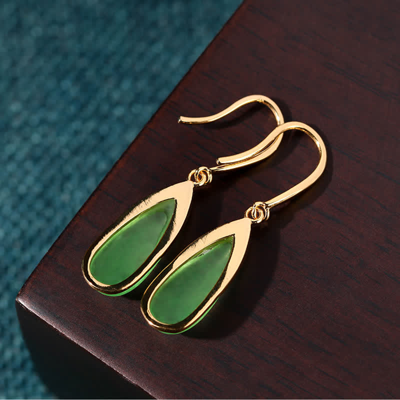 Buddha Stones Jade Teardrop Protection Vintage Gold Tone Earrings - image 2
