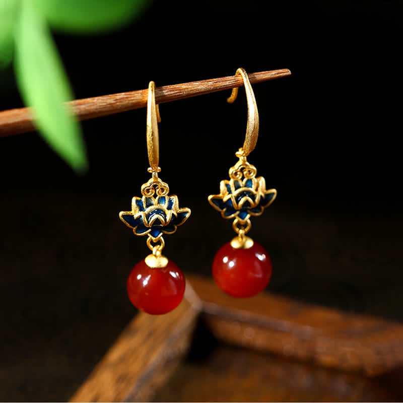 Buddha Stones Red Agate Lotus Enamel Gold Drop Confidence Earrings - image 1