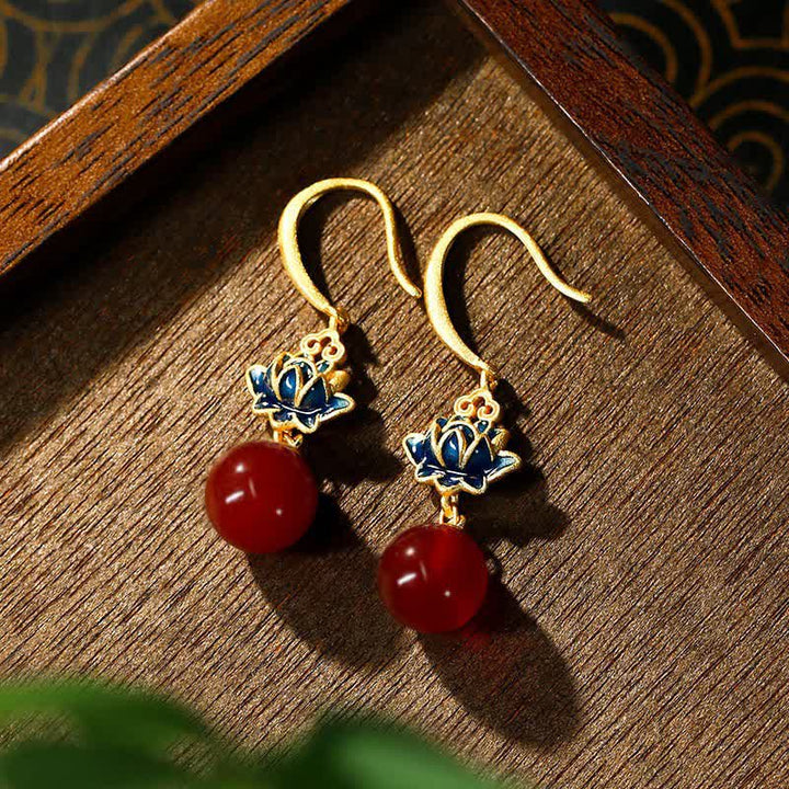 Buddha Stones Red Agate Lotus Enamel Gold Drop Confidence Earrings - Red Agate(Confidence ♥ Calm) - image 0