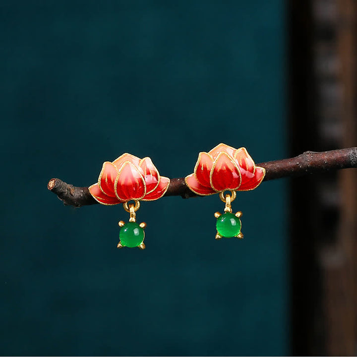 Buddha Stones Jade Lotus Enamel Gold Dangle New Beginnings Earrings - image 3