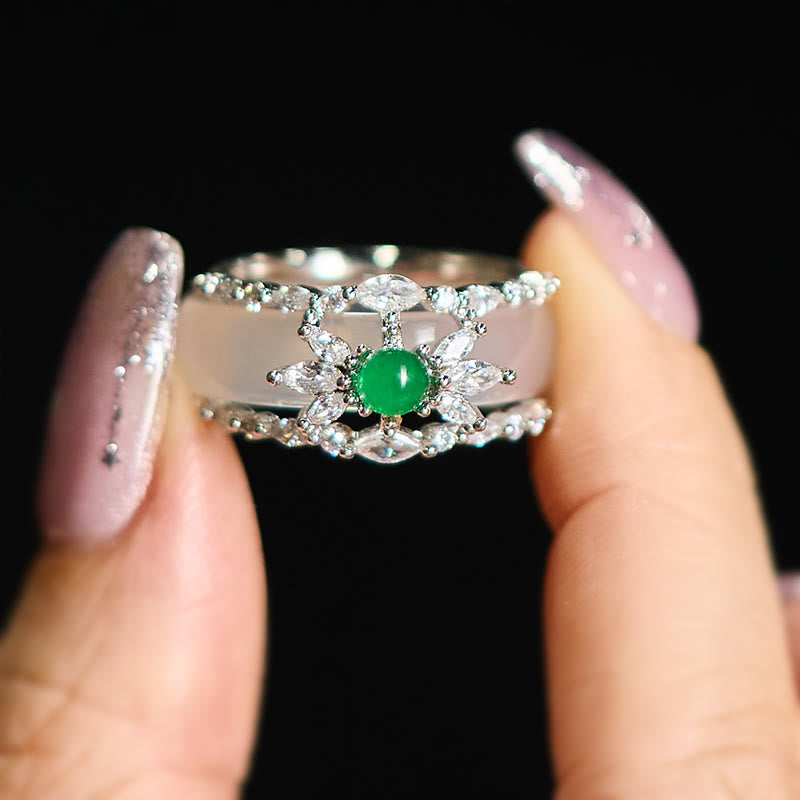 Buddha Stones Chalcedony Flower Green Zircon Positive Ring - image 9